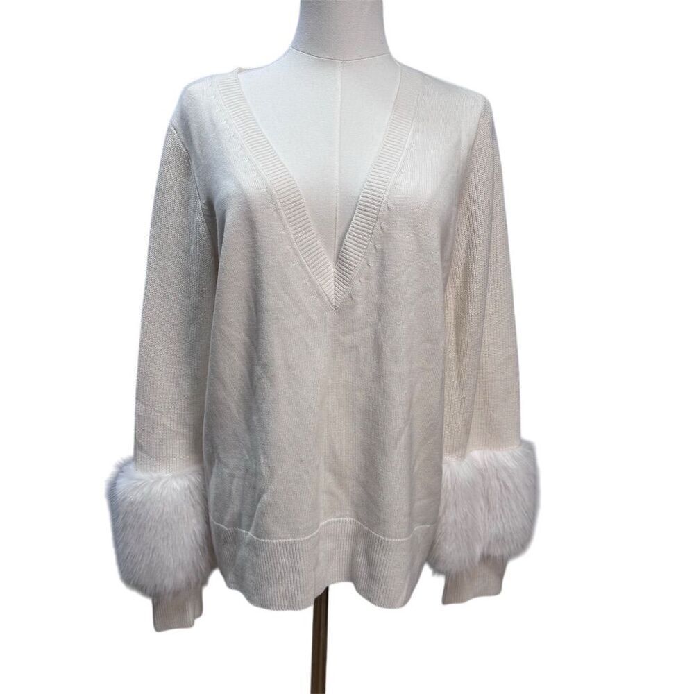Vguc Ramy Brook Women's Ivory V-Neck Sweater Faux Fur Trim Knit Pullover Size L